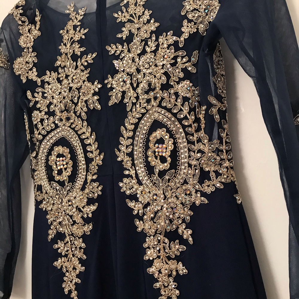 Navy formal gown mermaid long sleeve modest